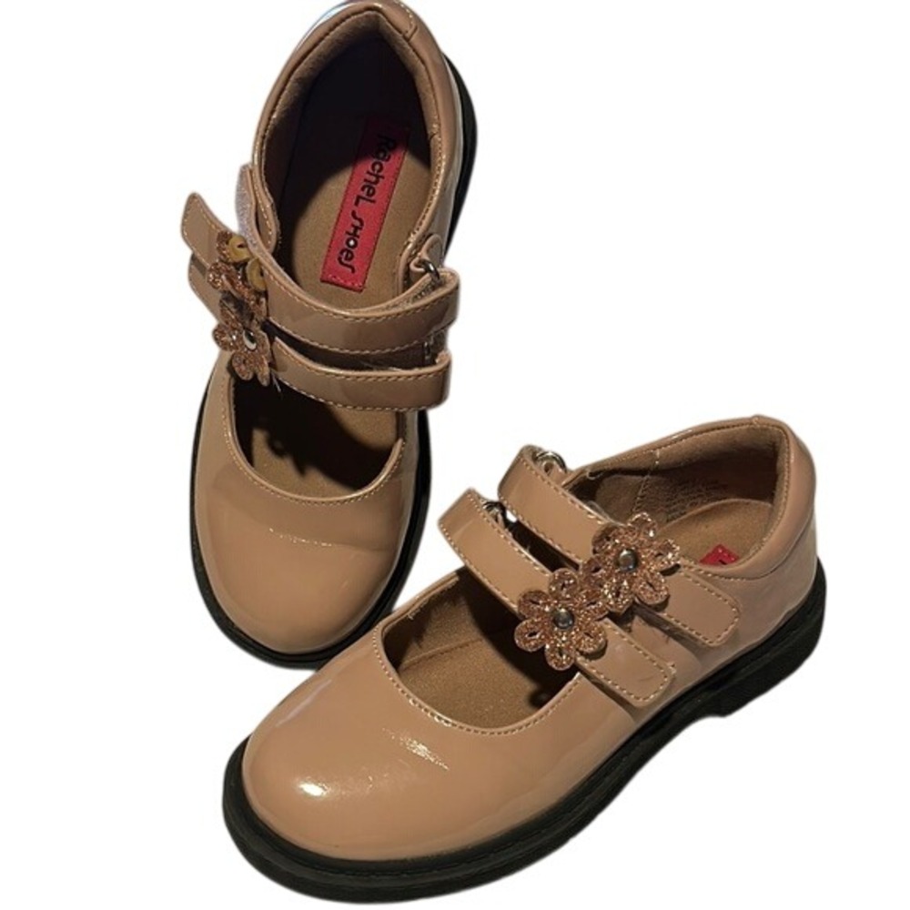 Rachel Girl's Tan and Black Dress Shoes with Floral Accents size 11 Preowned - Picture 2 of 8